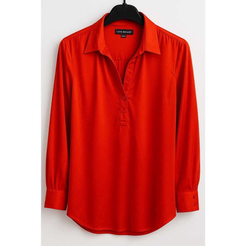Lane Bryant Satin Blouse Size 14/16 Red Orange Long Sleeve Button Front Top